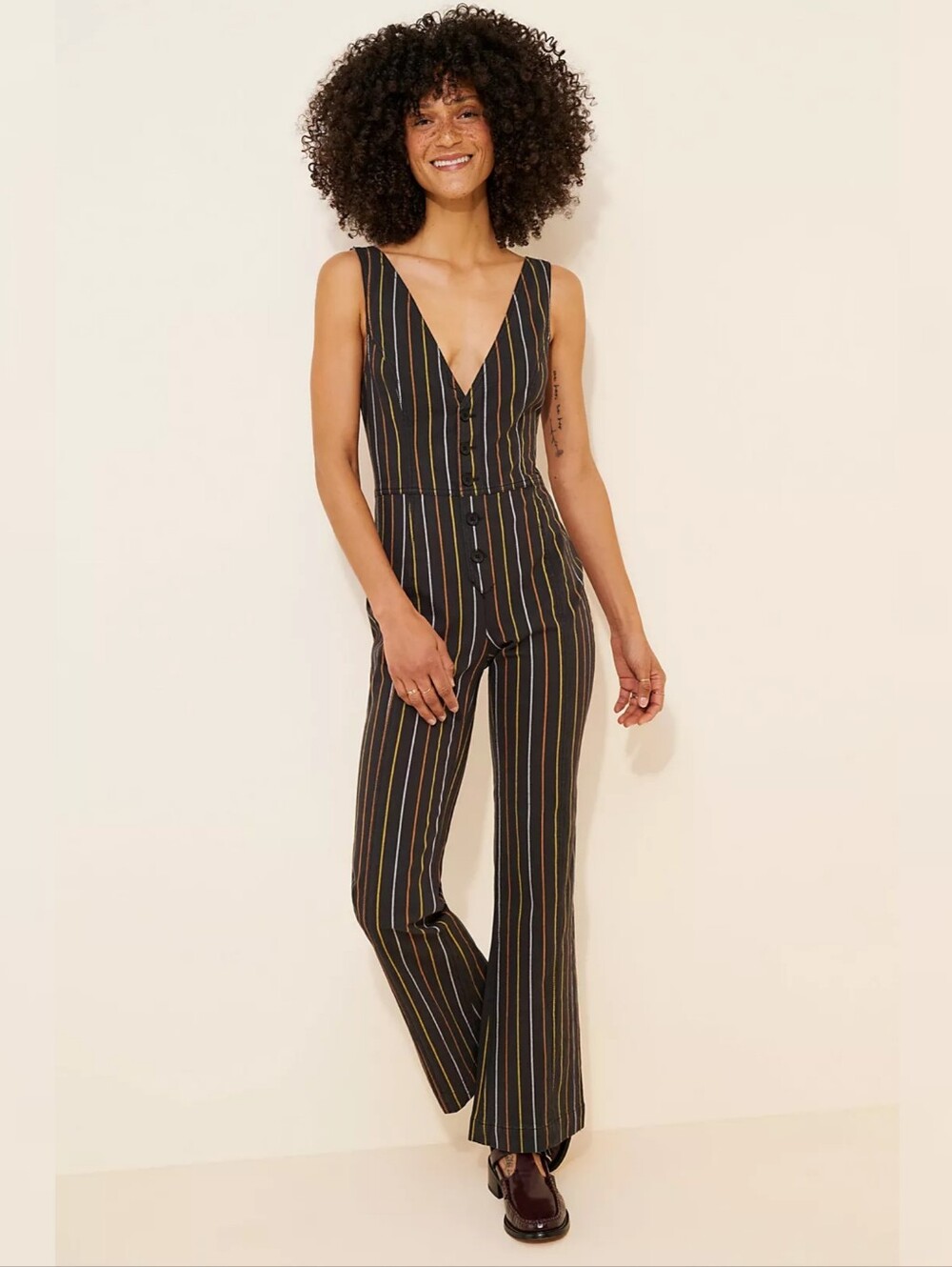 Free People Lena Striped One-piece Striped V-Neck Button Front Jumpsuit in Black